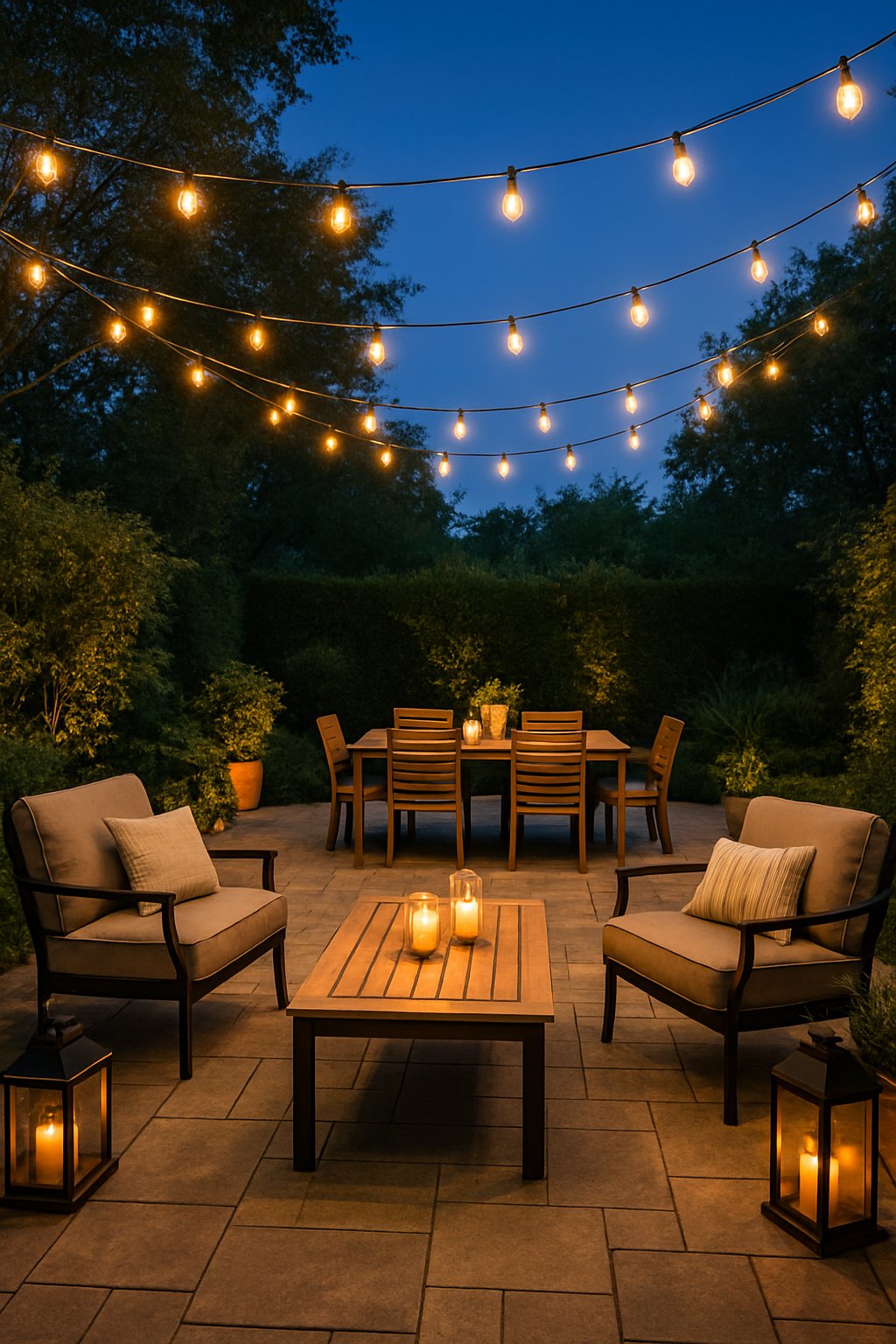 Outdoor patio with string lights overhead, seating area, and plants at dusk.