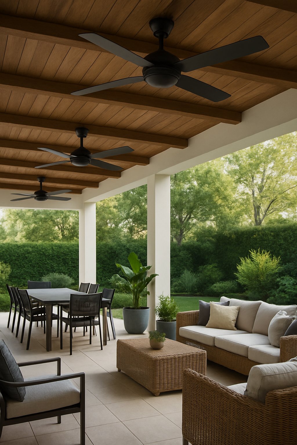 Covered outdoor patio with ceiling fans, dining table, seating area, and plants in a garden setting.