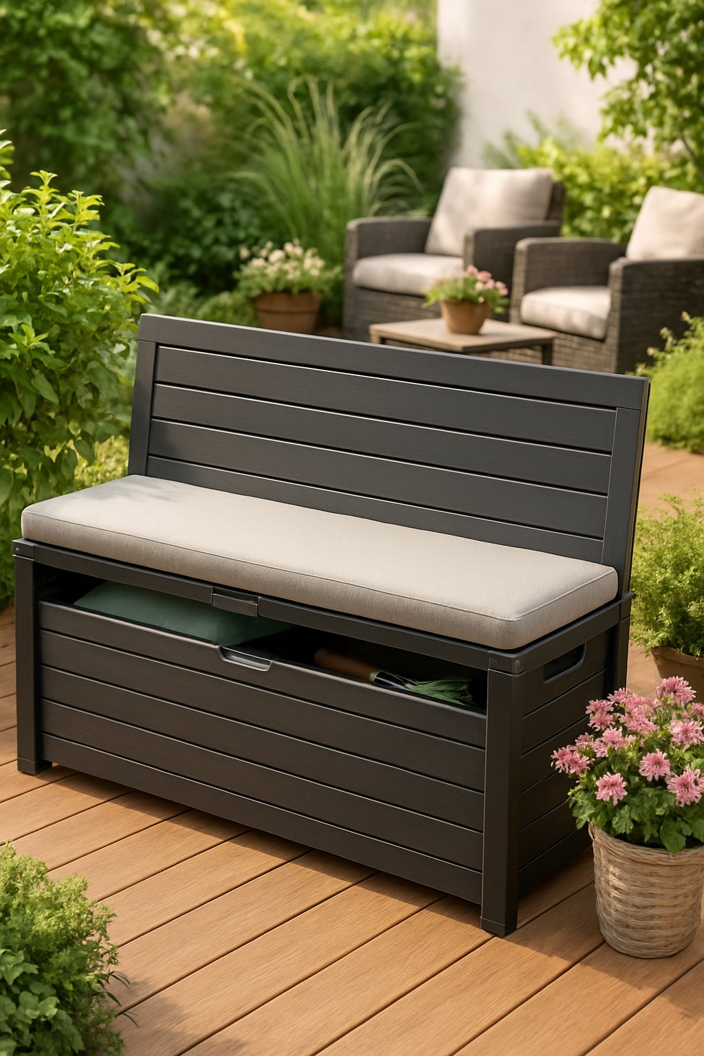 A multi-functional storage bench with an open compartment on a wooden deck surrounded by plants and outdoor seating.
