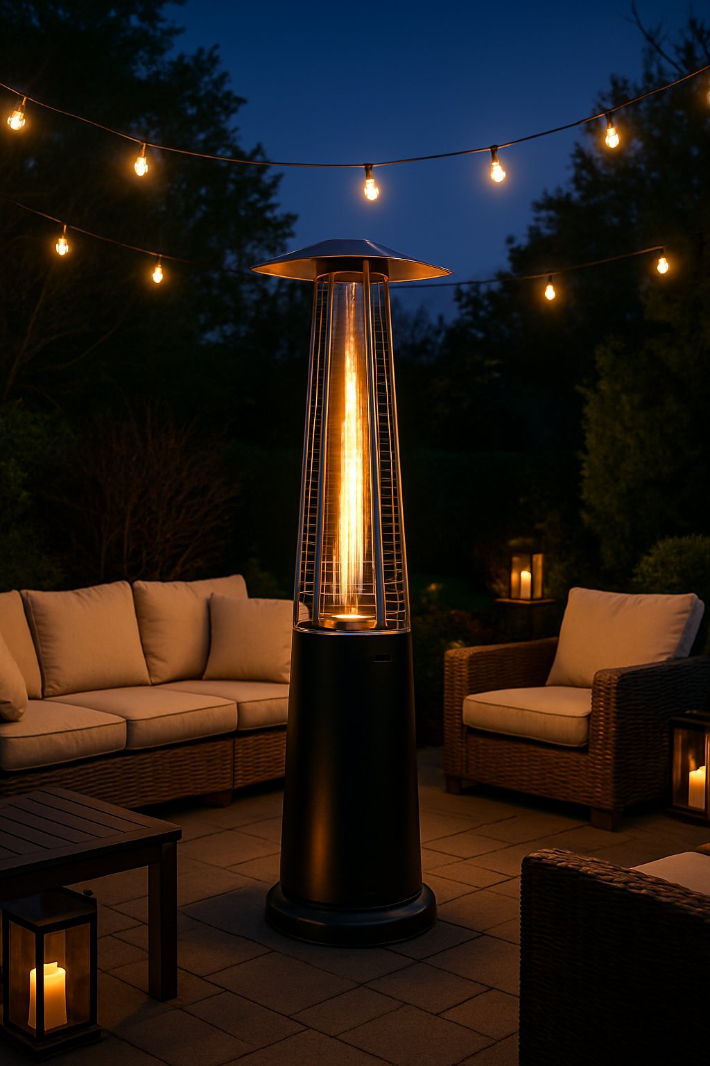 Outdoor living space with a modern heater glowing warmly surrounded by patio furniture and plants at dusk.