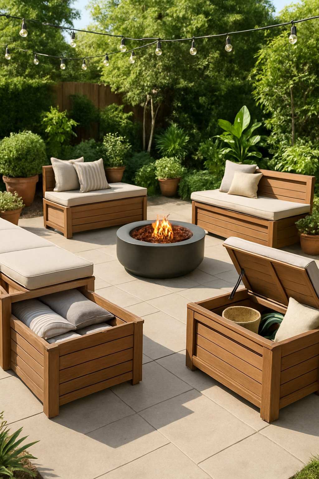 Outdoor patio with multiple storage benches, plants, and a fire pit in a sunny entertaining area.