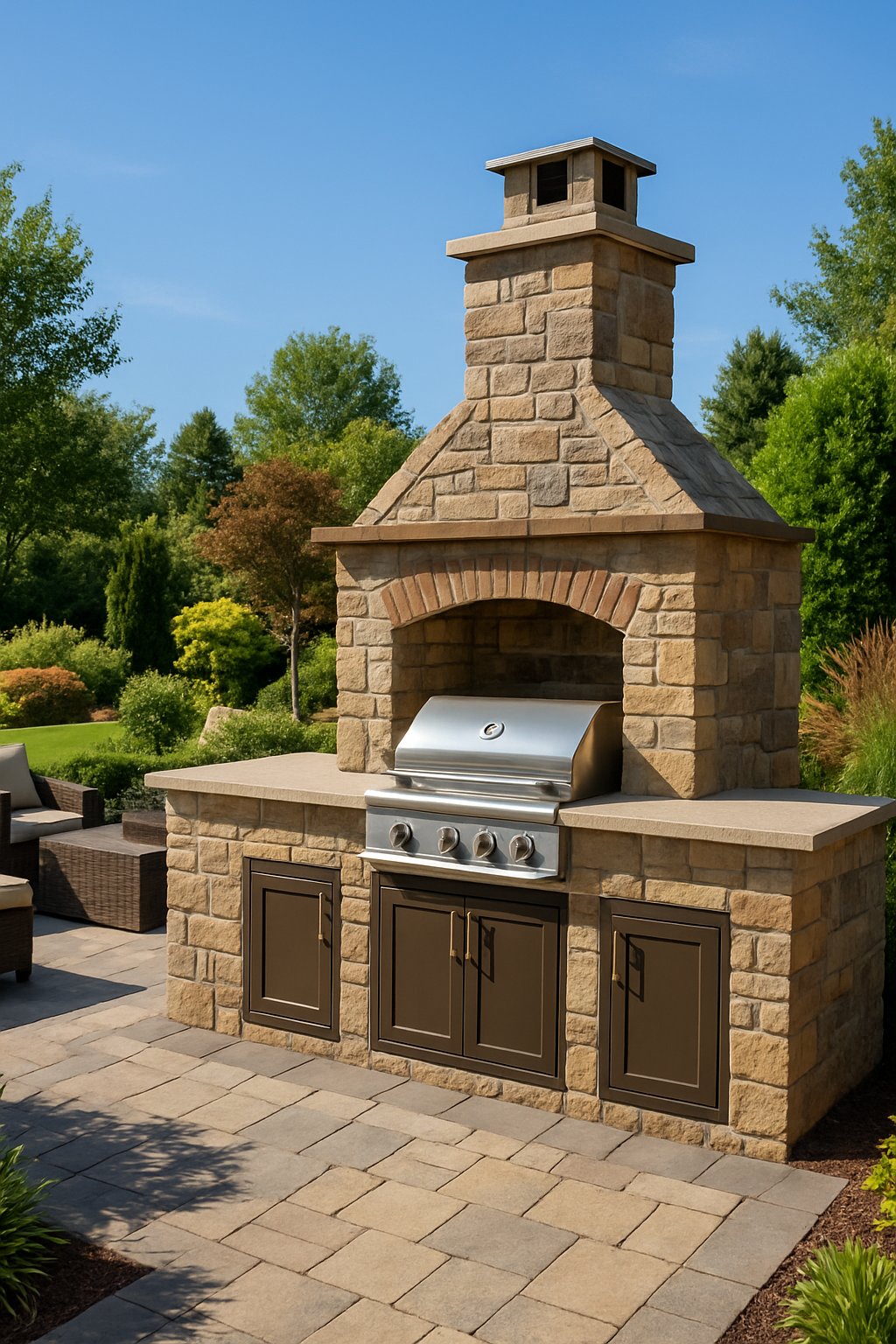 A masonry grill station with a stone countertop and built-in grill in an outdoor patio surrounded by plants and seating.