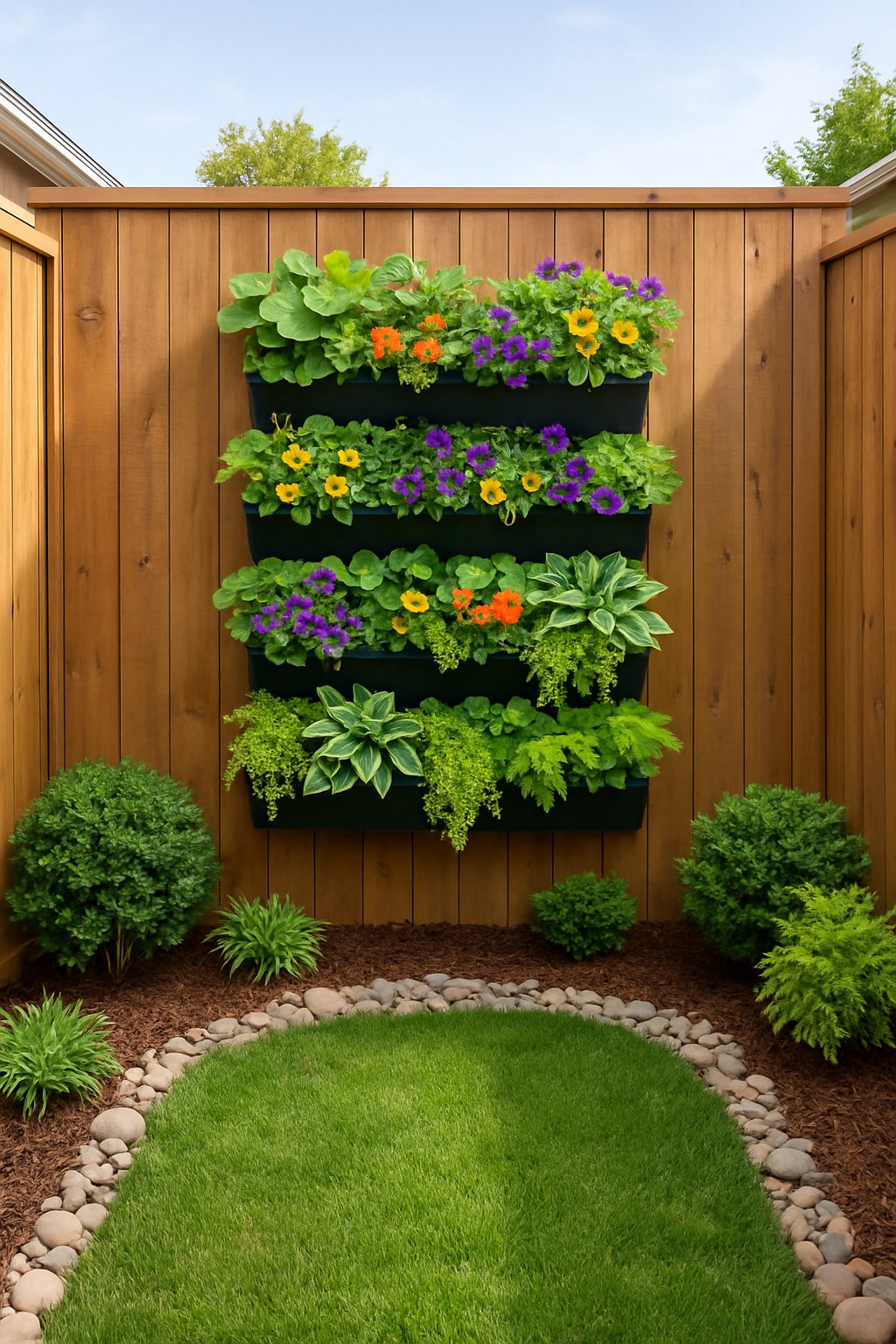 Small backyard with a vertical garden on a wooden fence and surrounding plants.