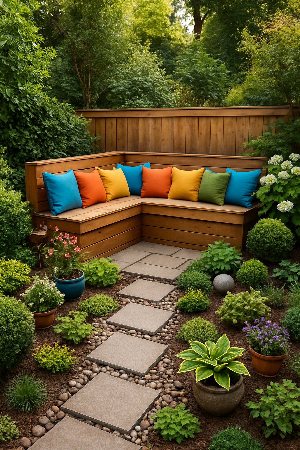 A backyard seating nook with a built-in bench and colorful cushions surrounded by various plants and landscaping features.