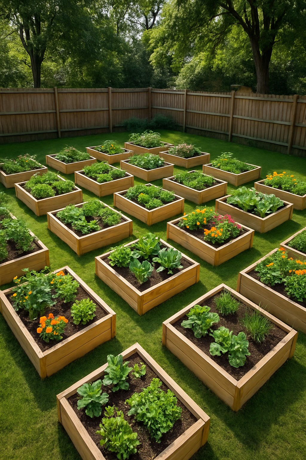 Small backyard with 25 raised garden beds filled with plants and flowers, surrounded by grass paths and a wooden fence.