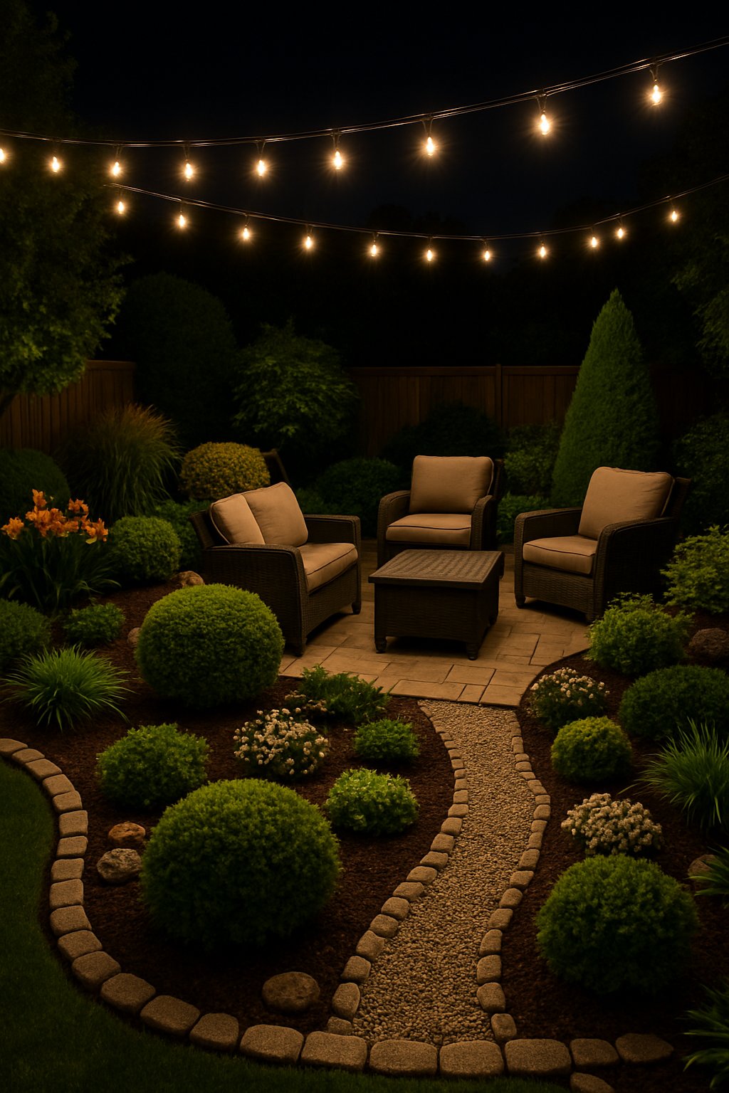 A small backyard at night with string lights overhead, landscaping plants, and a cozy seating area.