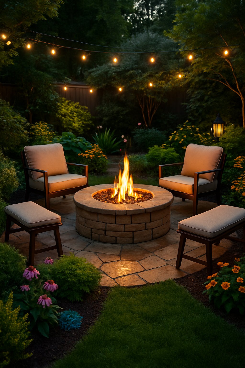 A small backyard with a stone fire pit surrounded by outdoor seating, plants, and soft lighting creating a warm and inviting atmosphere.