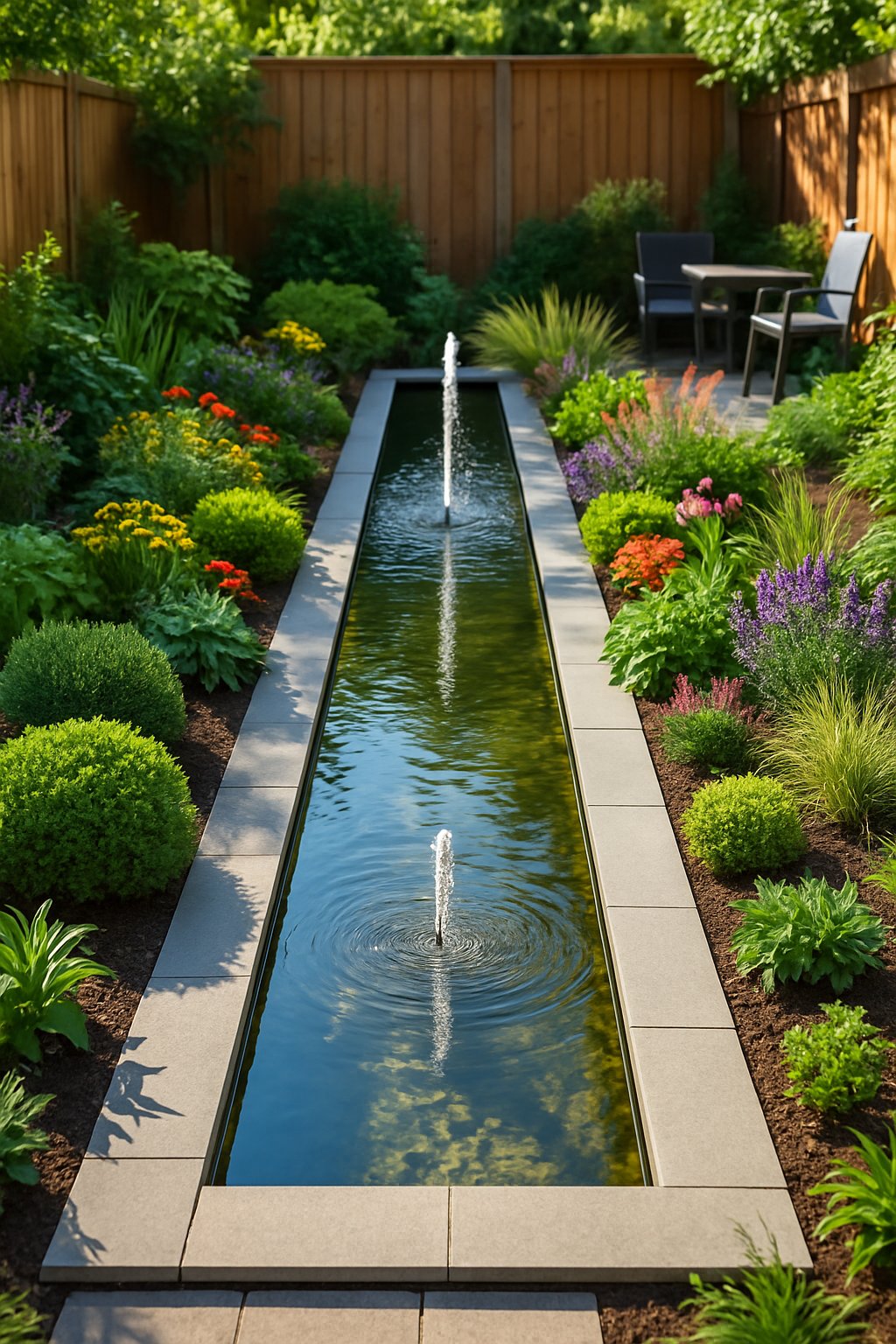 A small backyard with a narrow reflecting pool surrounded by 25 small plants and a stone pathway.