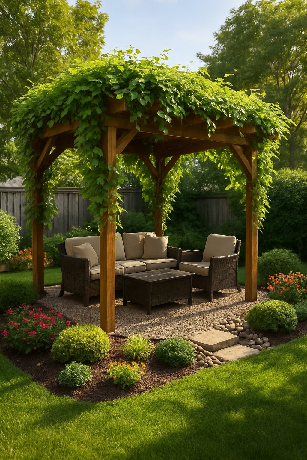 A small backyard with a wooden pergola covered in climbing plants providing shade over an outdoor seating area surrounded by grass, flowers, and shrubs.