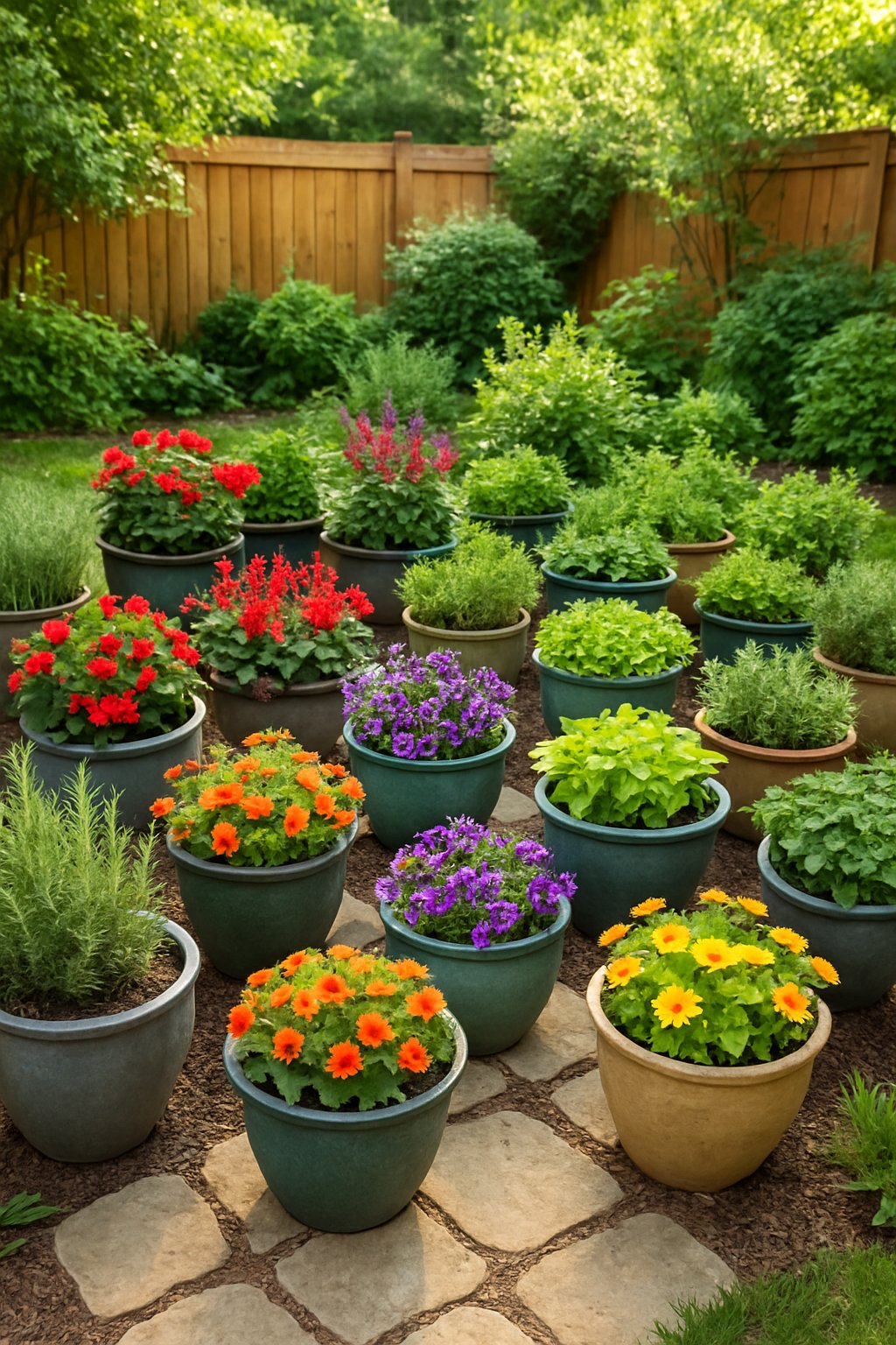 A small backyard with 25 large decorative pots filled with herbs and flowers arranged around a stone pathway.