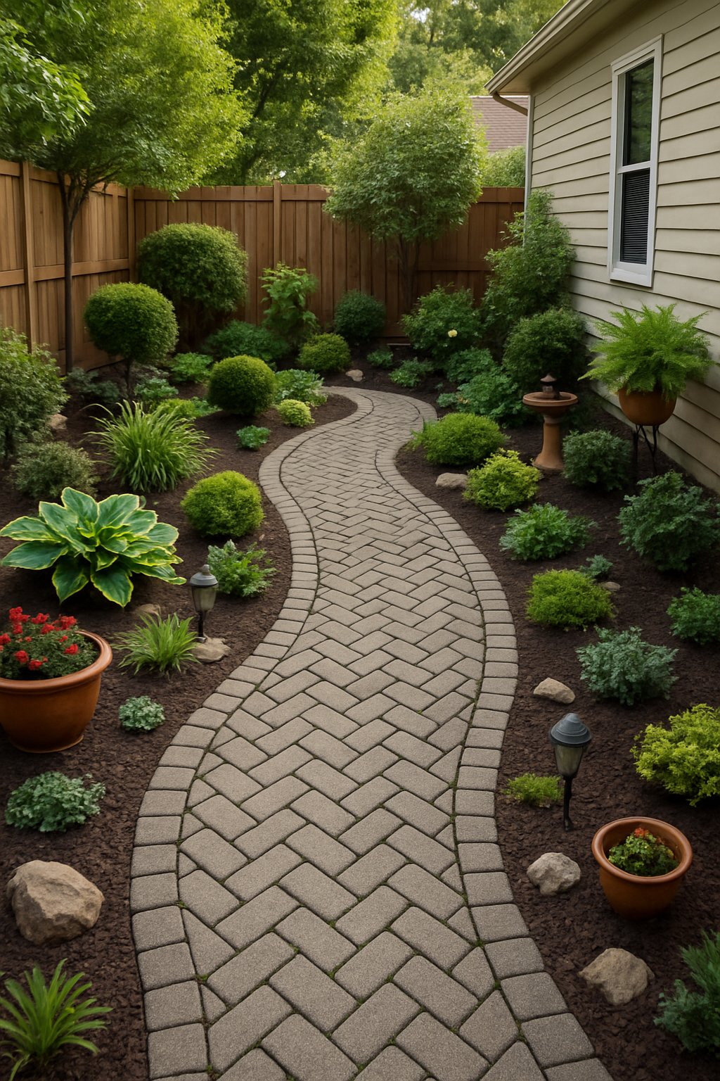 A small backyard with a patterned stone pathway surrounded by plants and landscaping features.