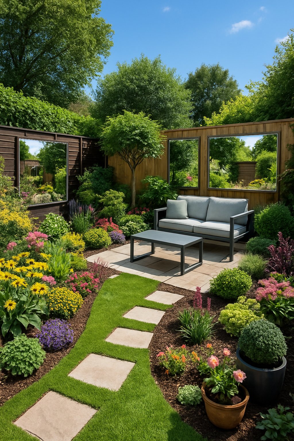 A small landscaped backyard with plants, flowers, mirrors reflecting sunlight, and a seating area.