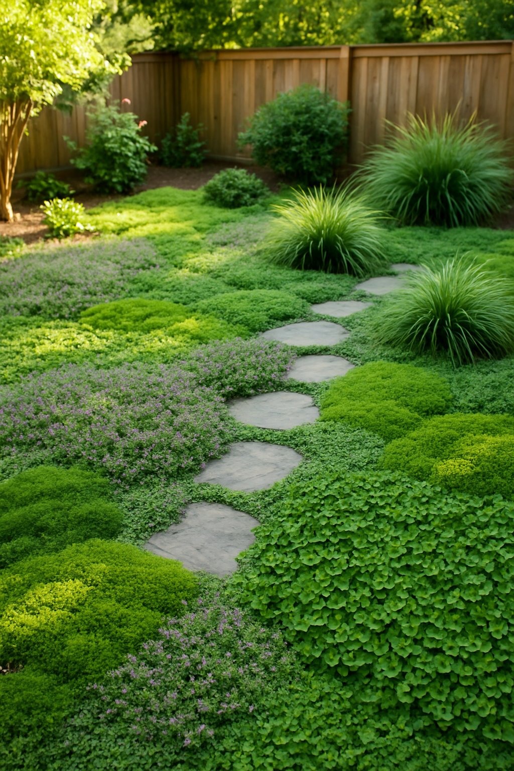 A small backyard with various green ground cover plants and stone pathways creating a textured garden space.