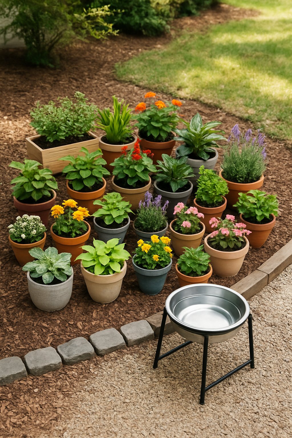 A small backyard corner with safe plants arranged in pots and a pet water station nearby.