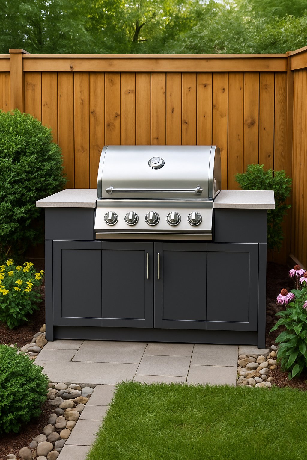A small backyard with a compact outdoor kitchen and grill surrounded by plants and landscaping.