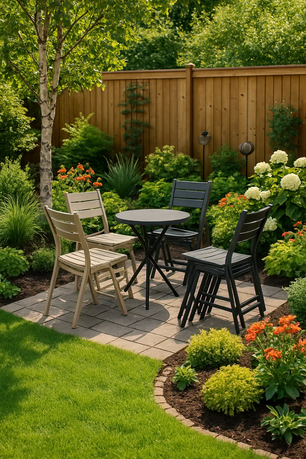 A small backyard with folding and stackable chairs arranged around a patio, surrounded by plants and shrubs.