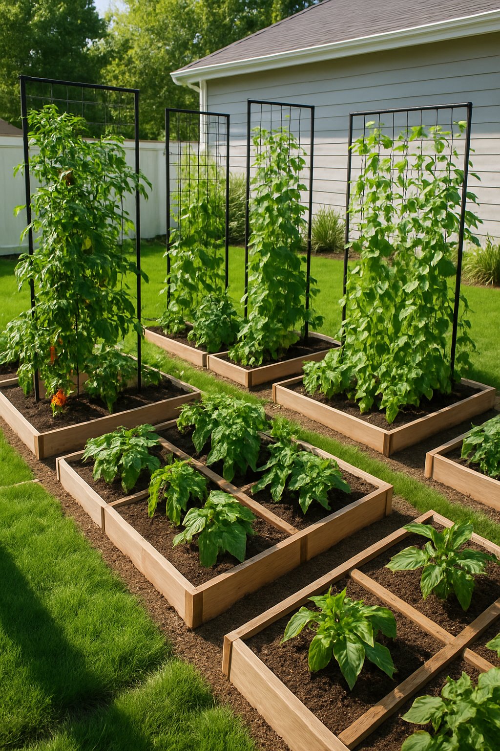 A small backyard vegetable garden with vertical trellises supporting various vegetables and neatly arranged garden beds.