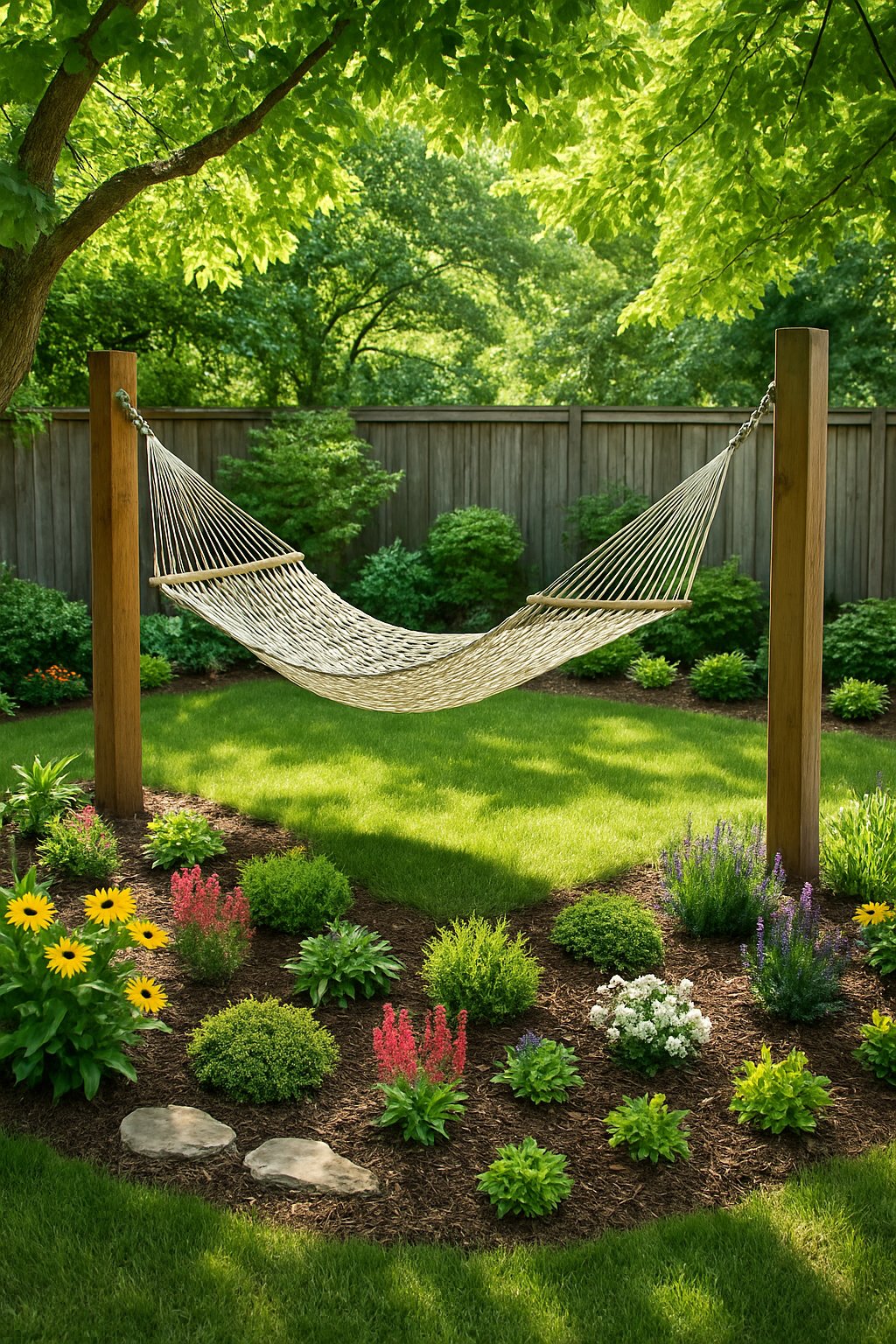 A small backyard with a hammock hanging between two trees surrounded by various plants and flowers in the shade.