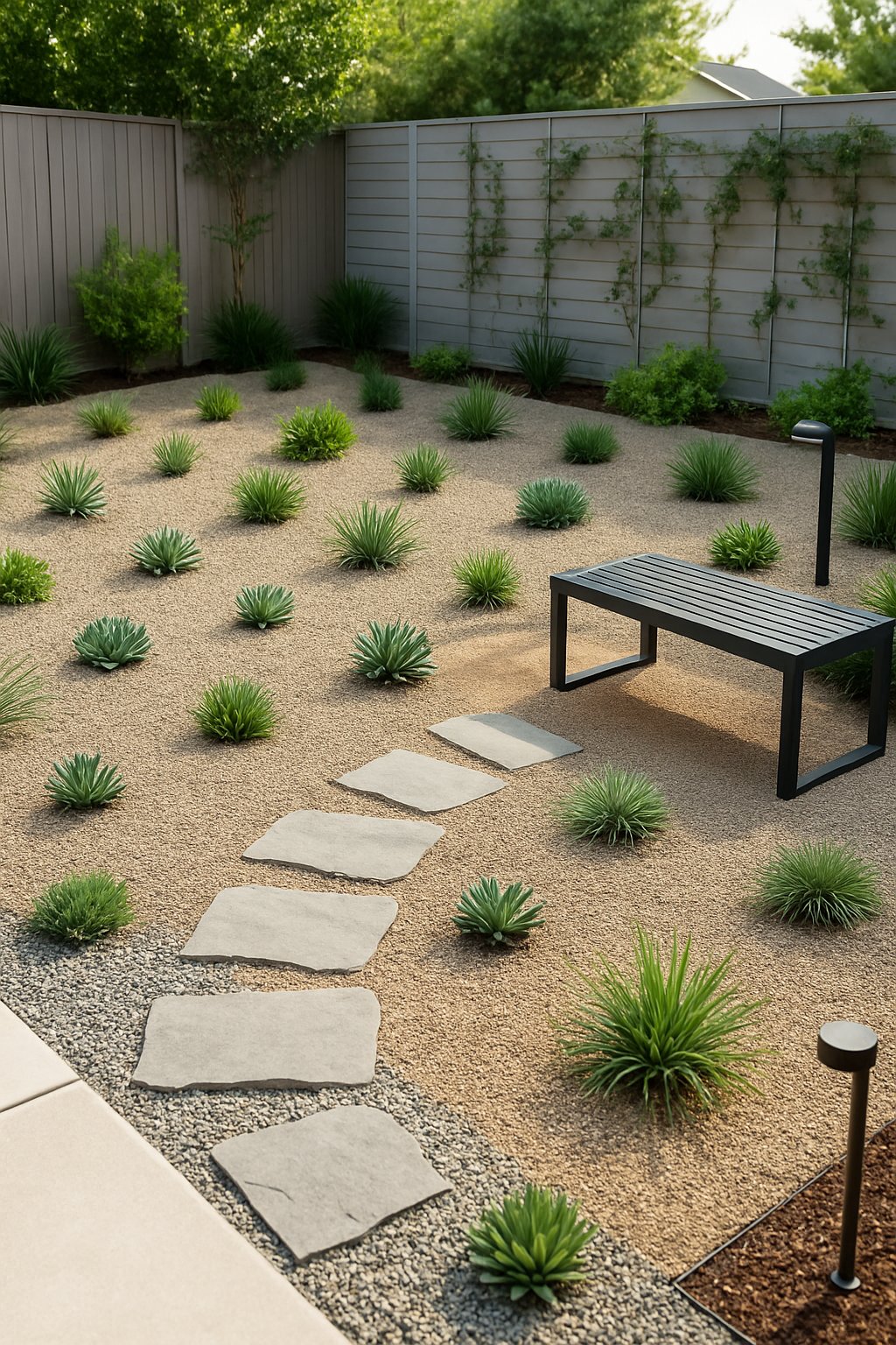 Small backyard with gravel and decomposed granite ground cover, featuring 25 small plants and stone stepping paths.