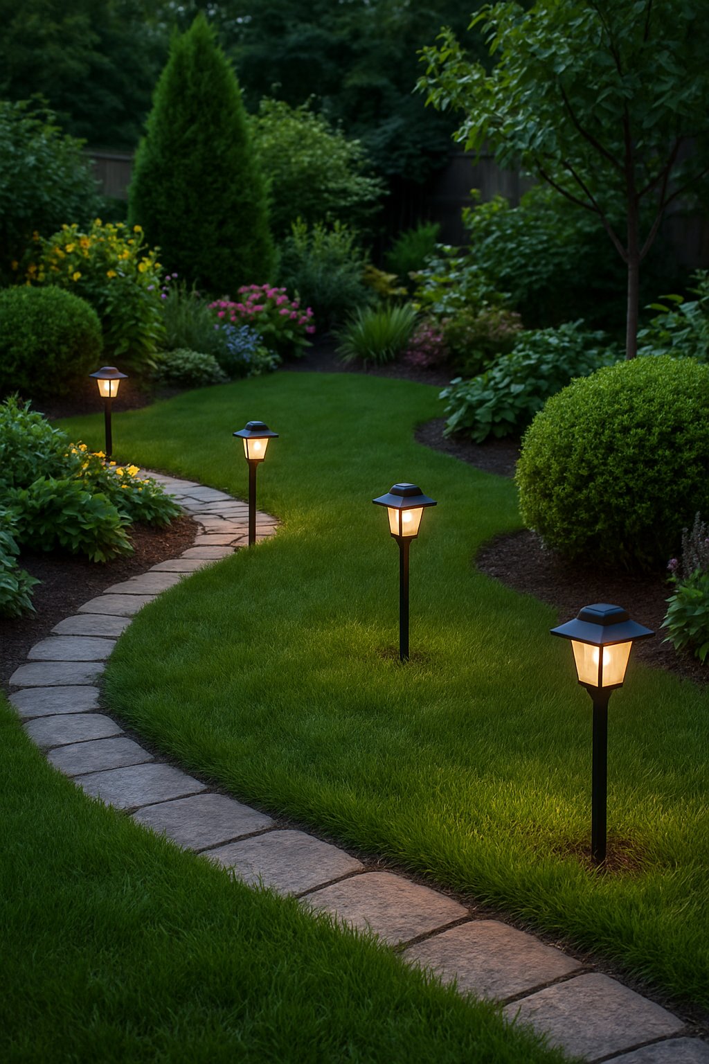 A small backyard with stone pathways lined with solar-powered lanterns surrounded by plants and grass.