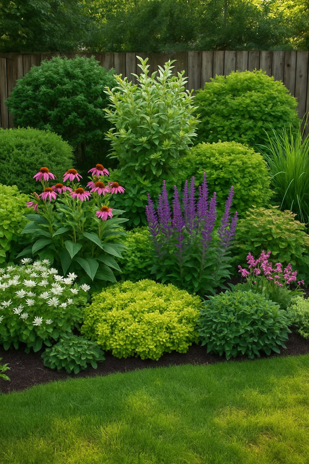 A small backyard garden with 25 layered plants of different heights, including shrubs and flowering plants.