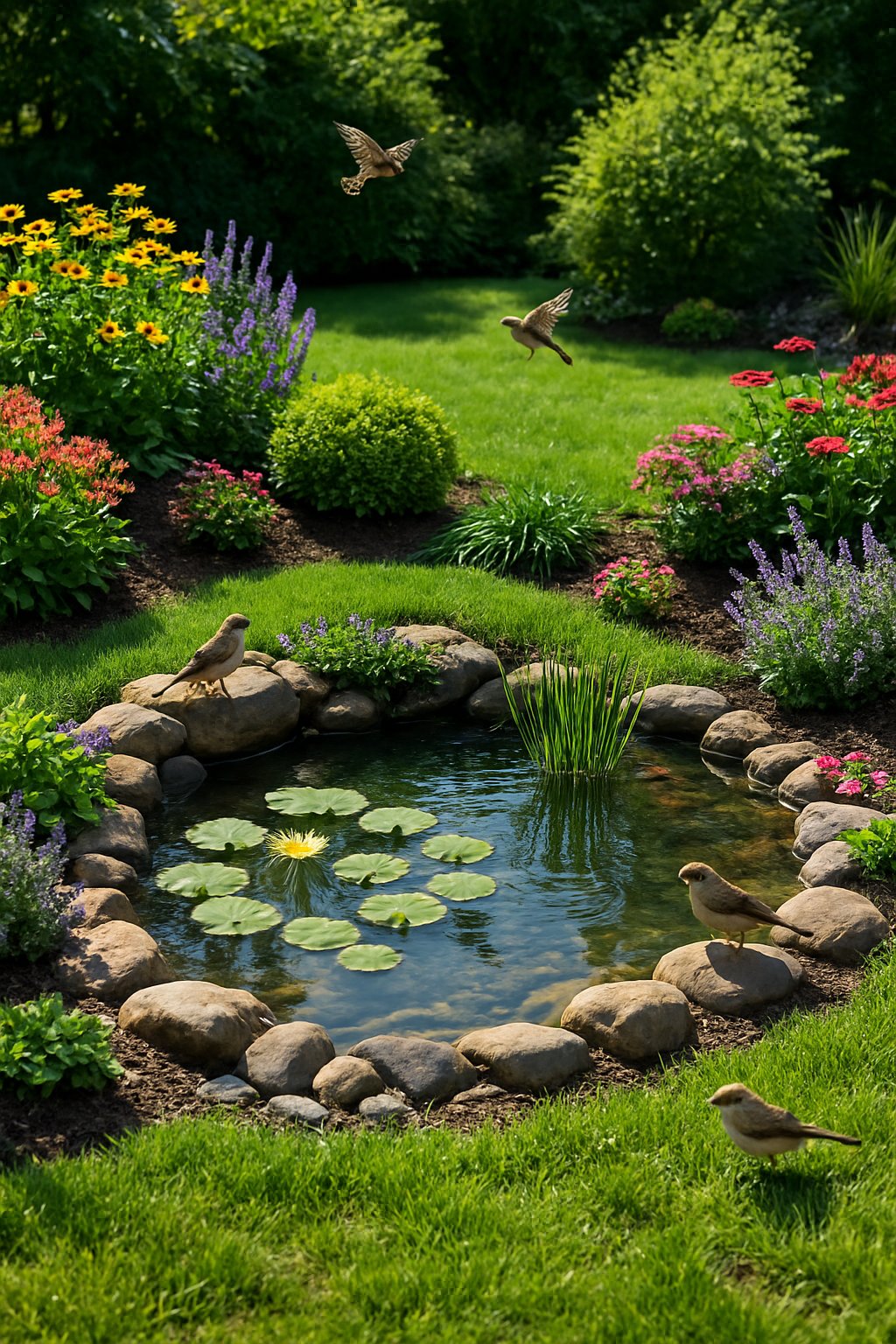 A small backyard with a tiny pond surrounded by aquatic plants and garden beds, with birds nearby.