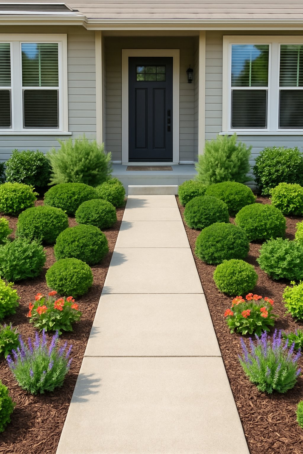 Small front yard with 23 symmetrically arranged plants along a central pathway leading to a house entrance.