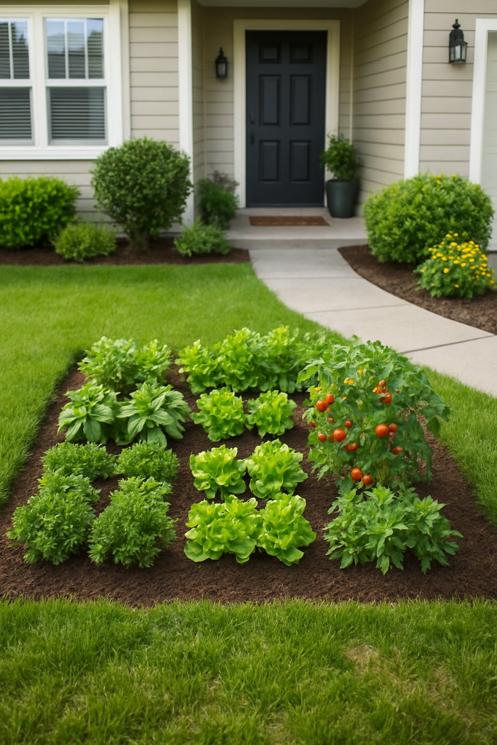 A small front yard with a neat vegetable and herb garden bed near the entrance of a house, surrounded by grass, shrubs, and a walkway.