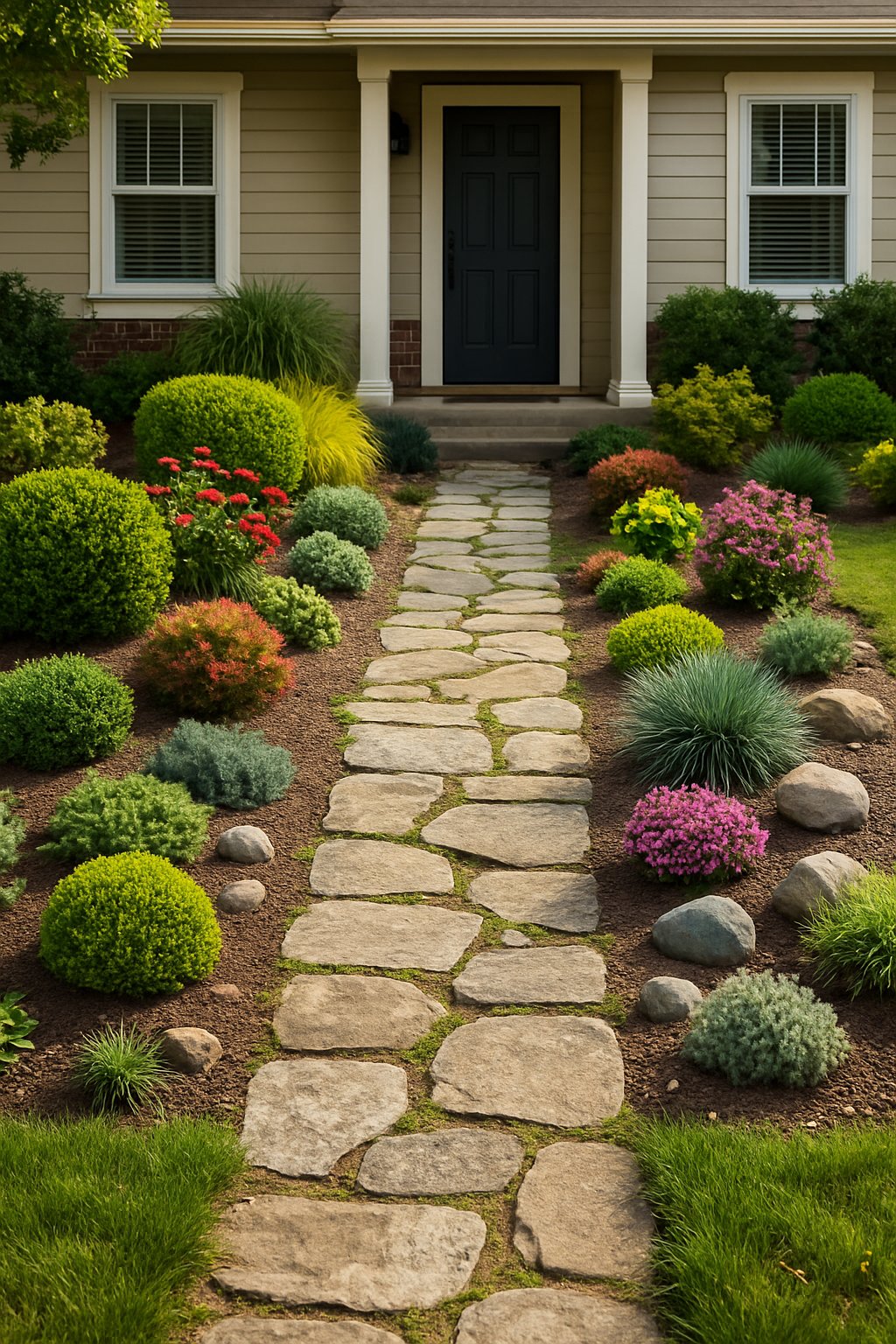 A narrow stone pathway leads through a small front yard with various plants and shrubs towards a house entrance.