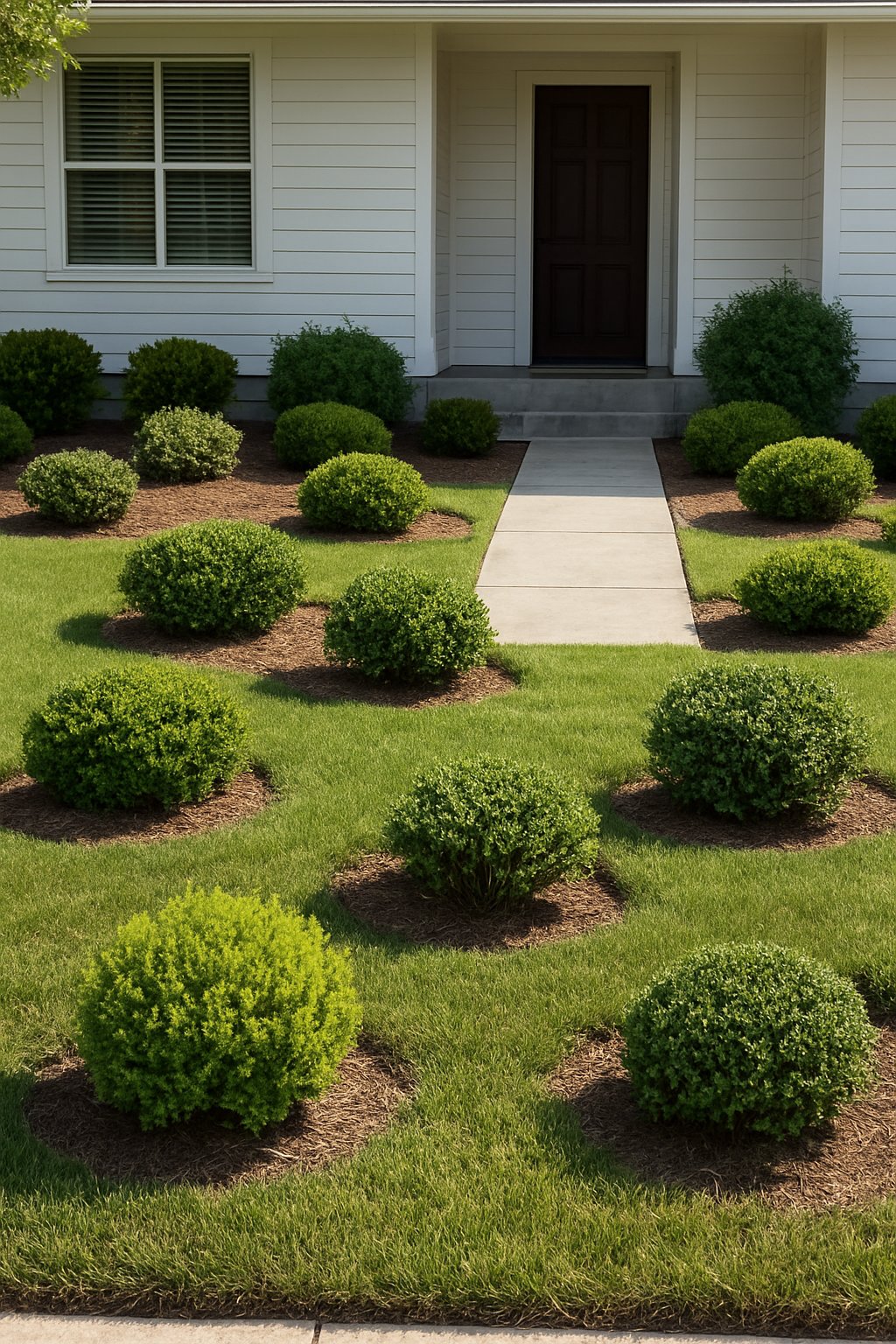 Small front yard with low-growing shrubs and a clear walkway leading to a house entrance.