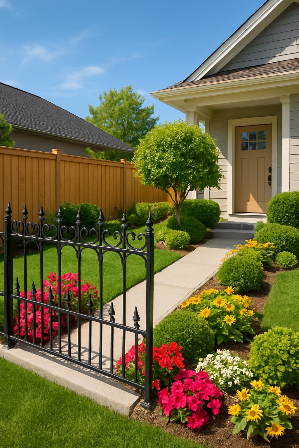 Small front yard with a decorative iron or wooden fence, green grass, flowers, and shrubs.