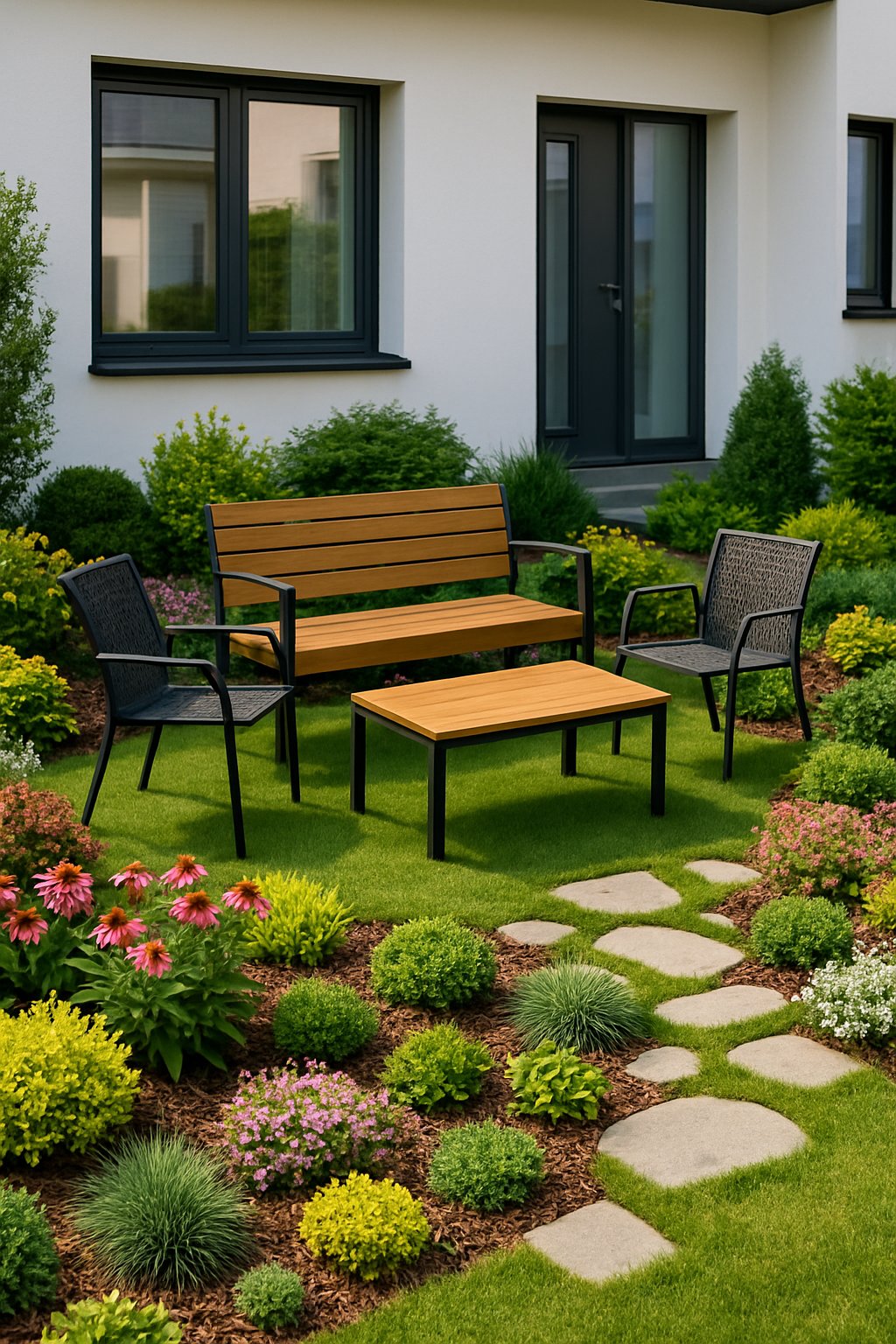 A compact front yard with a bench, two small chairs, and various small plants and shrubs arranged around a stone pathway.