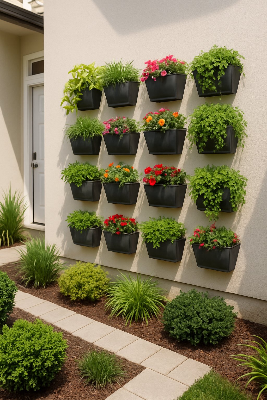 Small front yard with vertical wall-mounted planters filled with green plants and flowers.