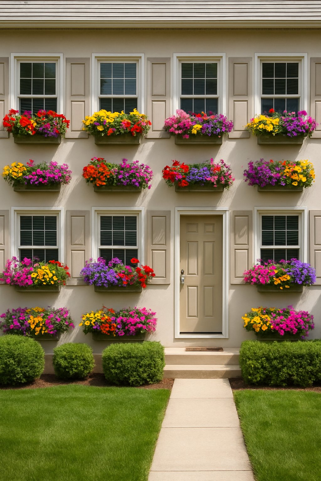 Front yard of a house with 23 window boxes filled with colorful flowering plants and neatly maintained landscaping.