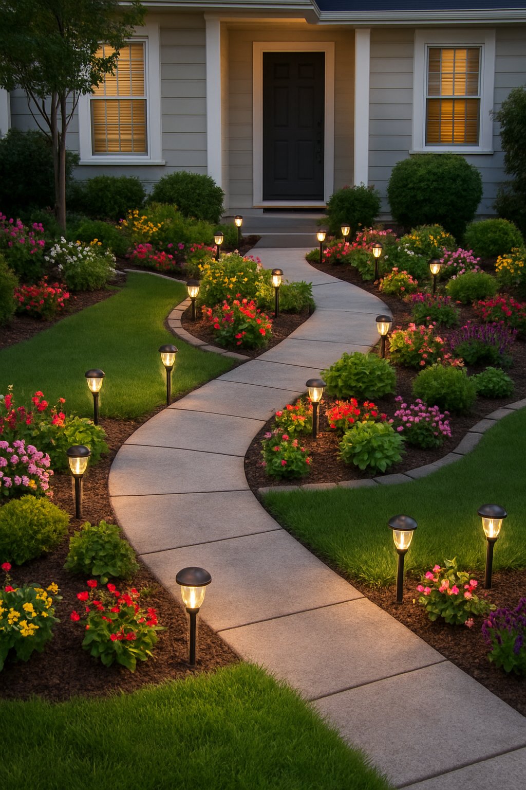 A small front yard with green grass, flower beds, and solar-powered garden lights lining the pathways and borders near a house.
