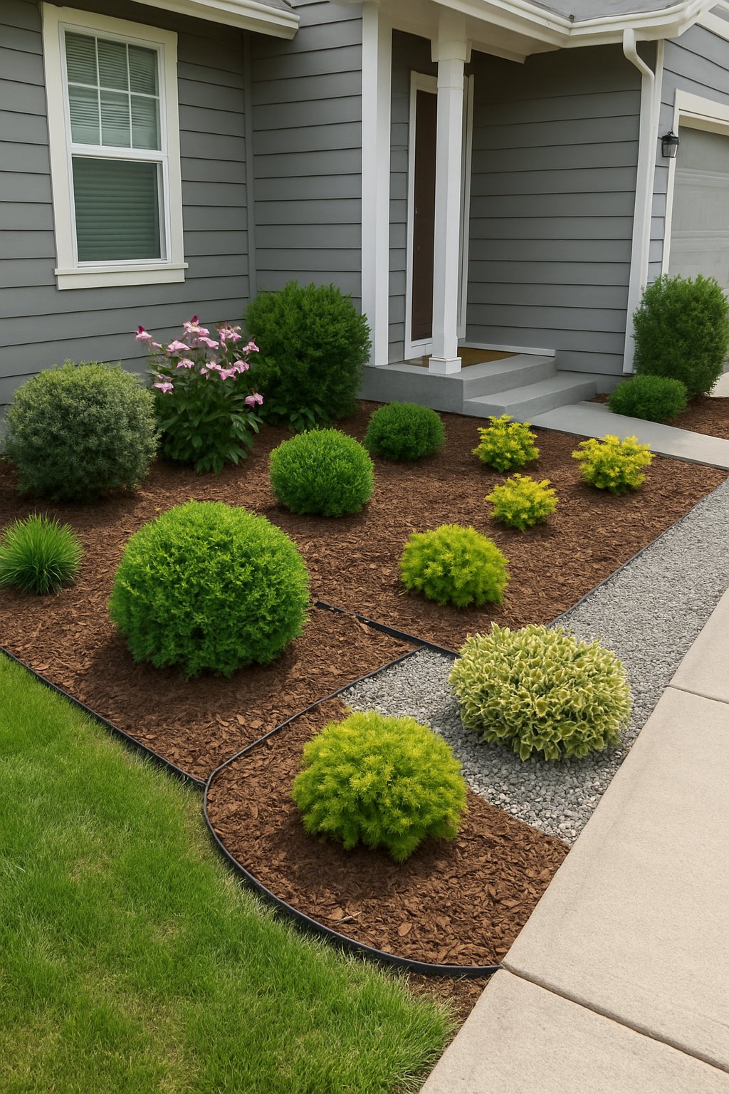 Small front yard with plants arranged in beds bordered by mulch and gravel, showing a tidy and well-maintained garden area.