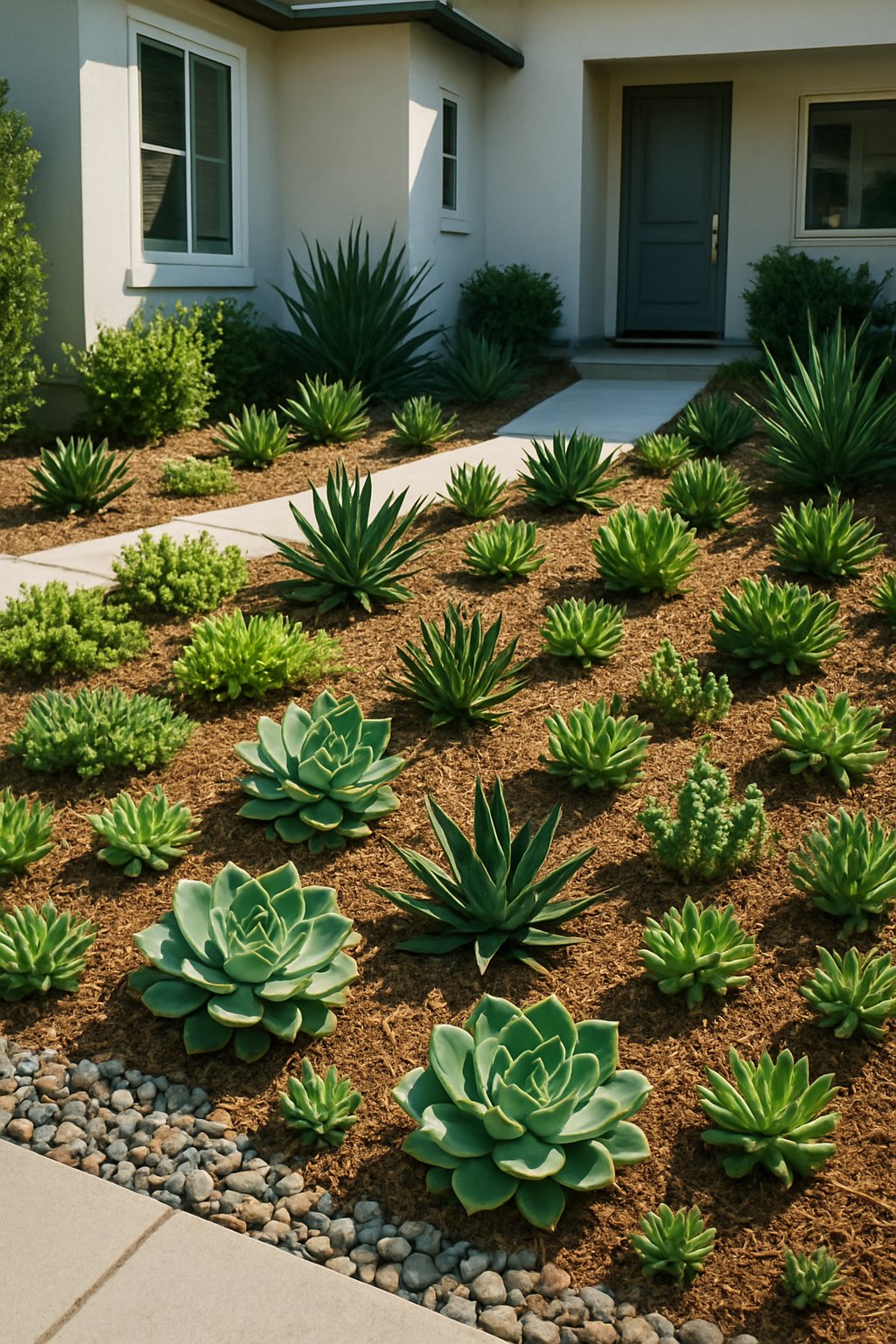 A small front yard landscaped with 23 different drought-resistant succulent plants arranged neatly in soil beds with decorative rocks.