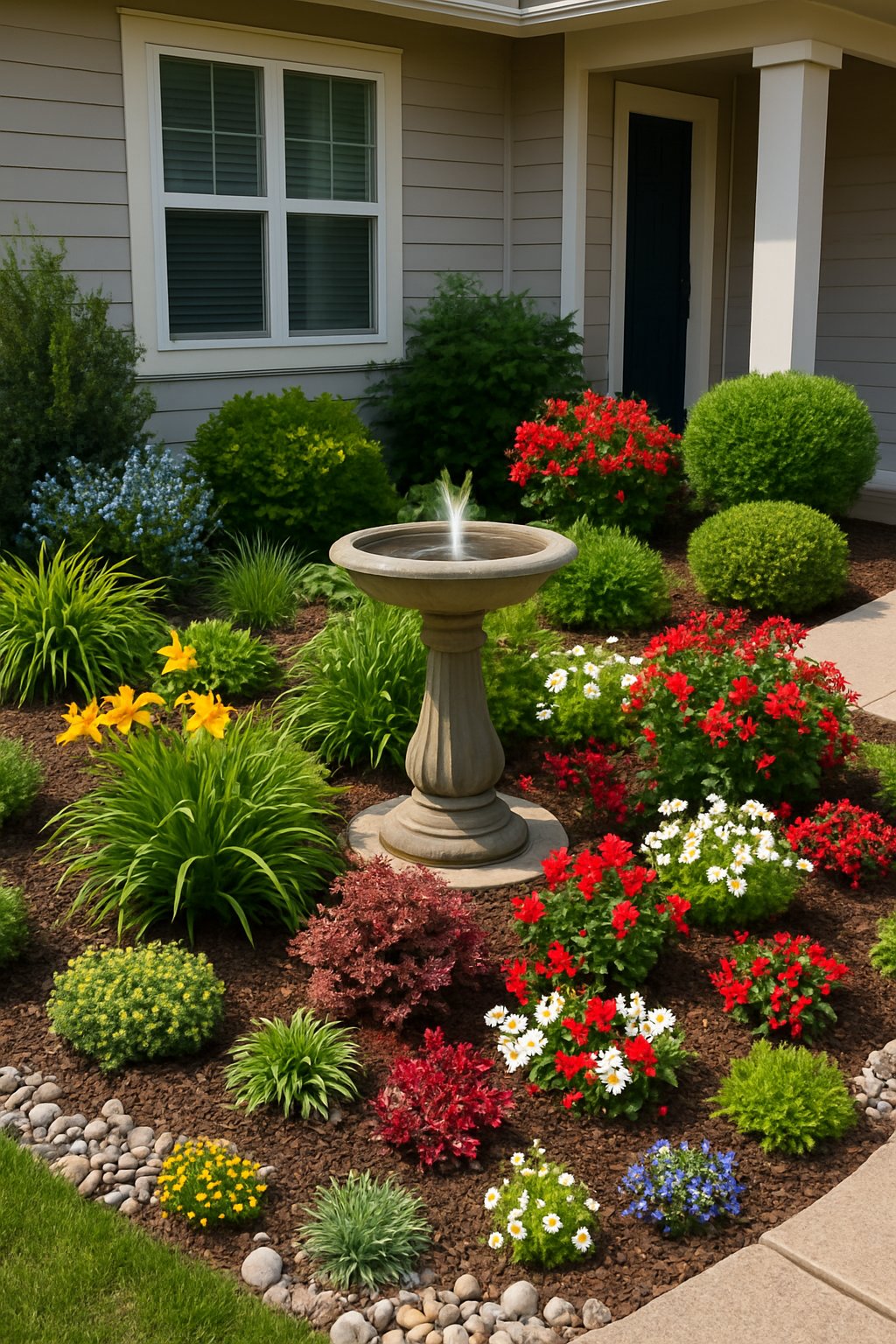 A small front yard with 23 different landscaping elements and a central birdbath or small fountain surrounded by plants and flowers.