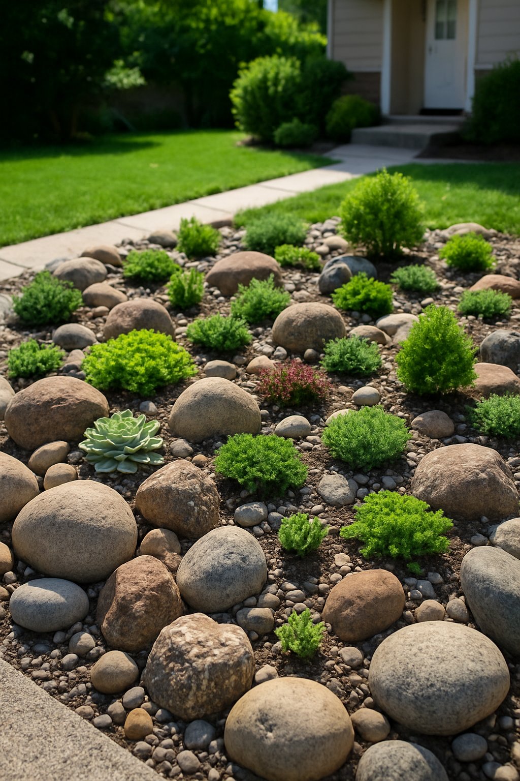 A small front yard rock garden with a mix of stones and 23 small plants arranged among them.