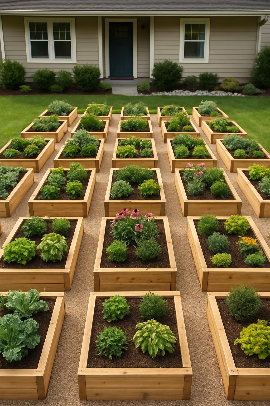 Small front yard with 23 raised wooden garden beds filled with plants and flowers, surrounded by a tidy lawn and pathways.