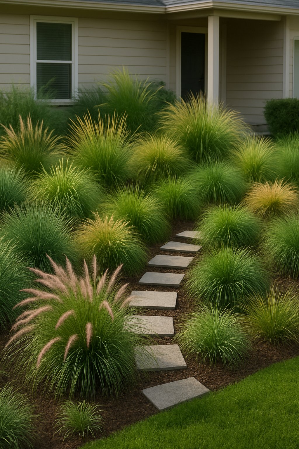 A small front yard landscaped with numerous ornamental grasses of varying heights and colors, with a stone pathway and a house in the background.