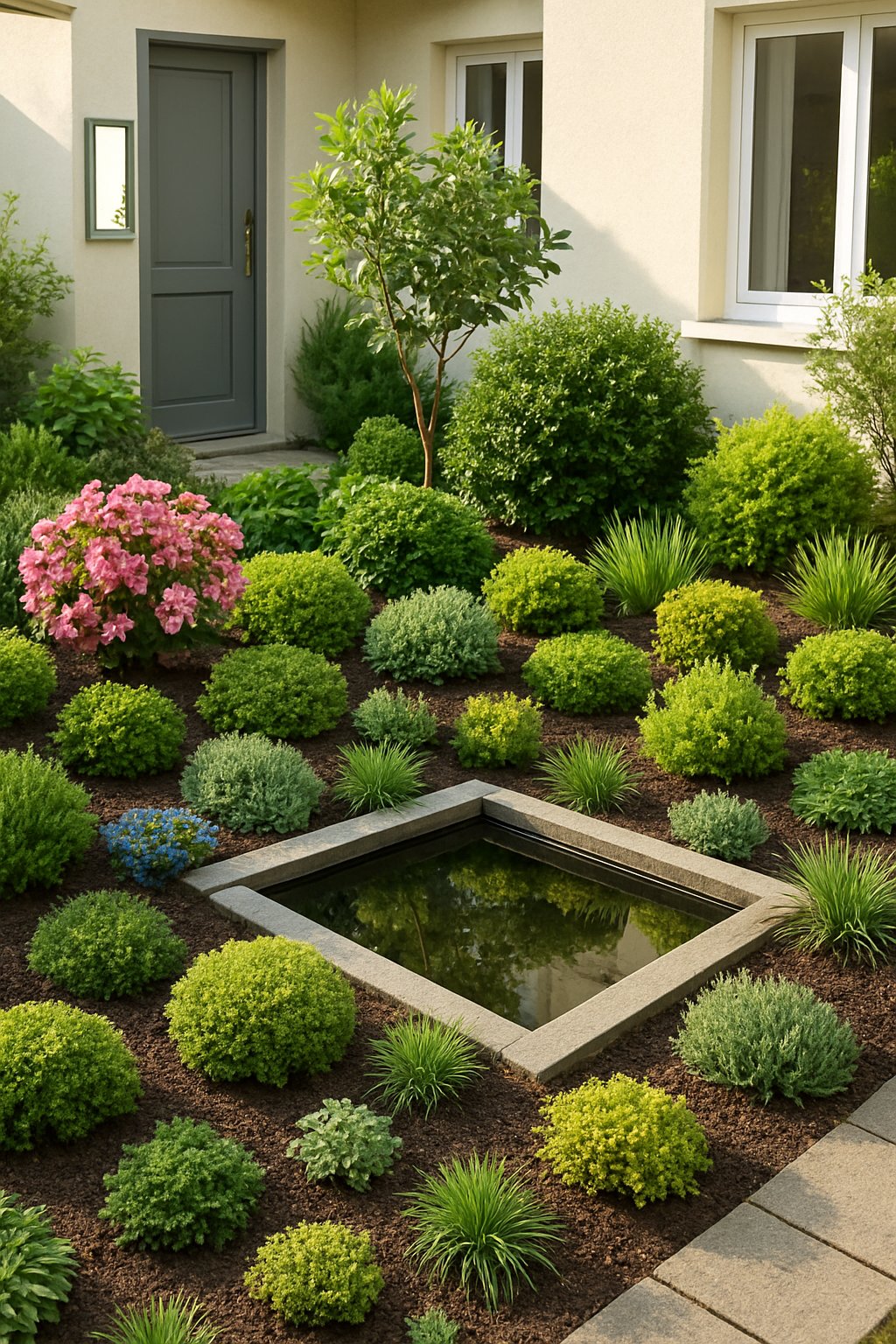 Small front yard with 23 plants, a small mirror, and a water feature reflecting greenery in front of a modern house.