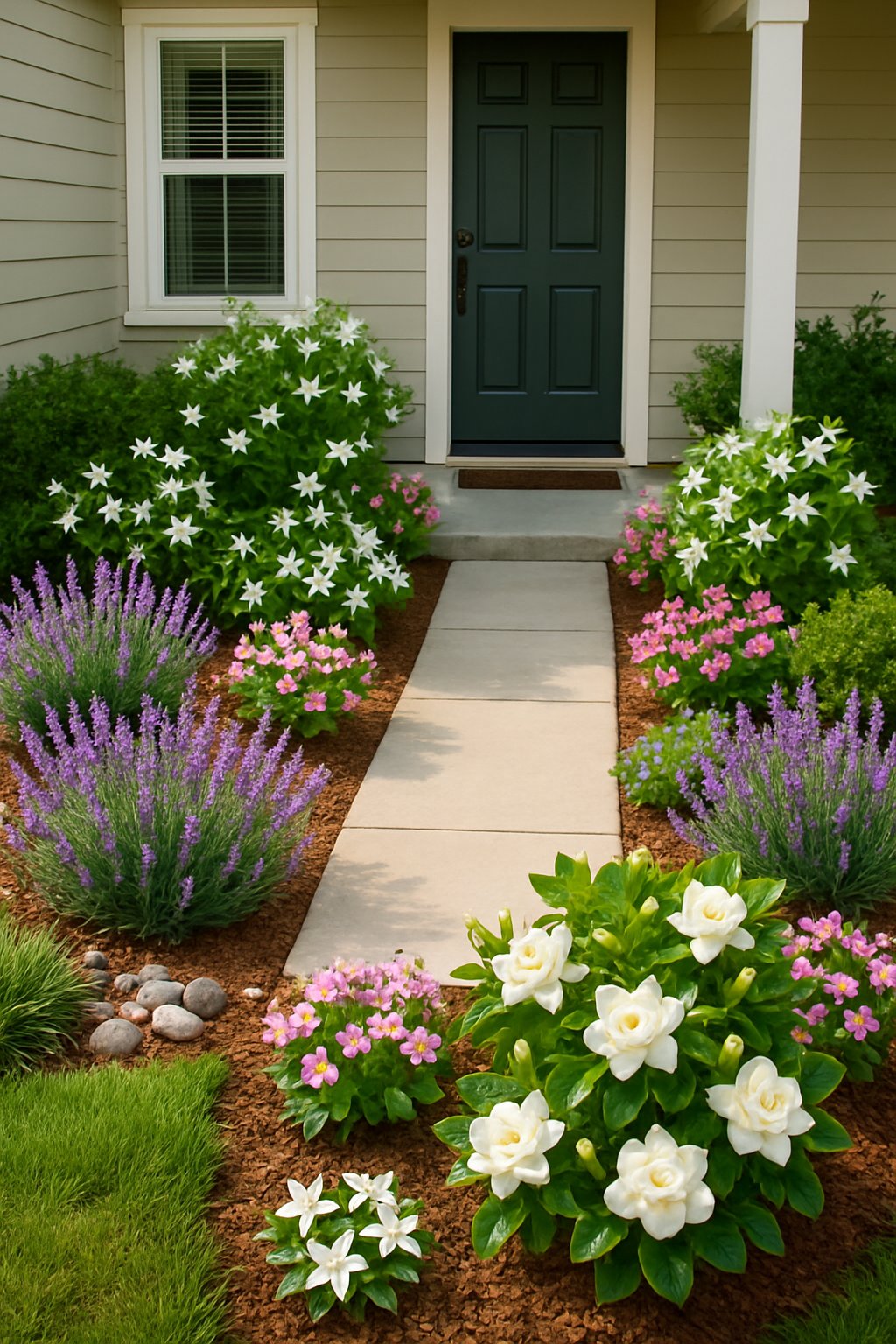 Small front yard with 23 fragrant flowering plants arranged near the doorway, featuring colorful blooms and green grass.