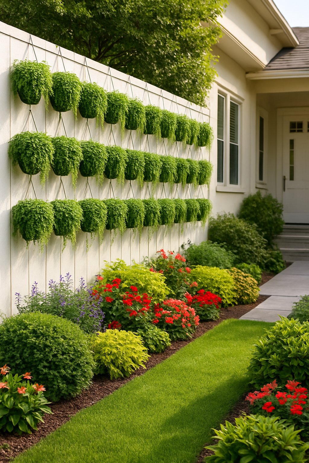 A small front yard with 23 hanging baskets of trailing plants arranged vertically along a fence, surrounded by shrubs, flowers, and a trimmed lawn.
