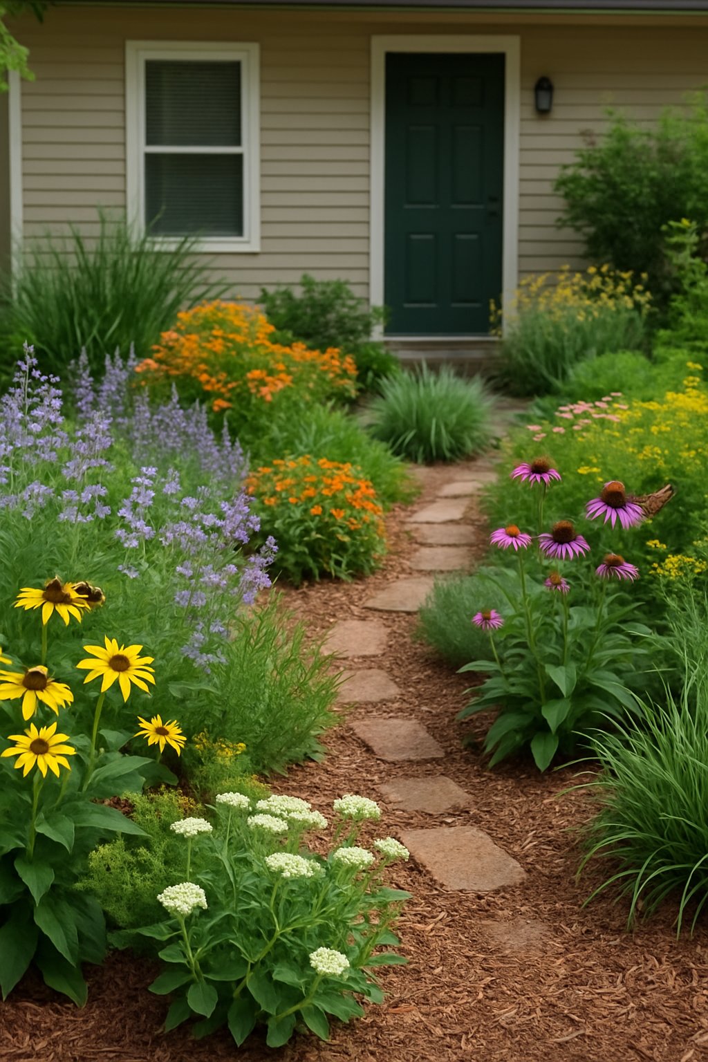 A small front yard landscaped with native flowering plants and greenery attracting bees and butterflies.