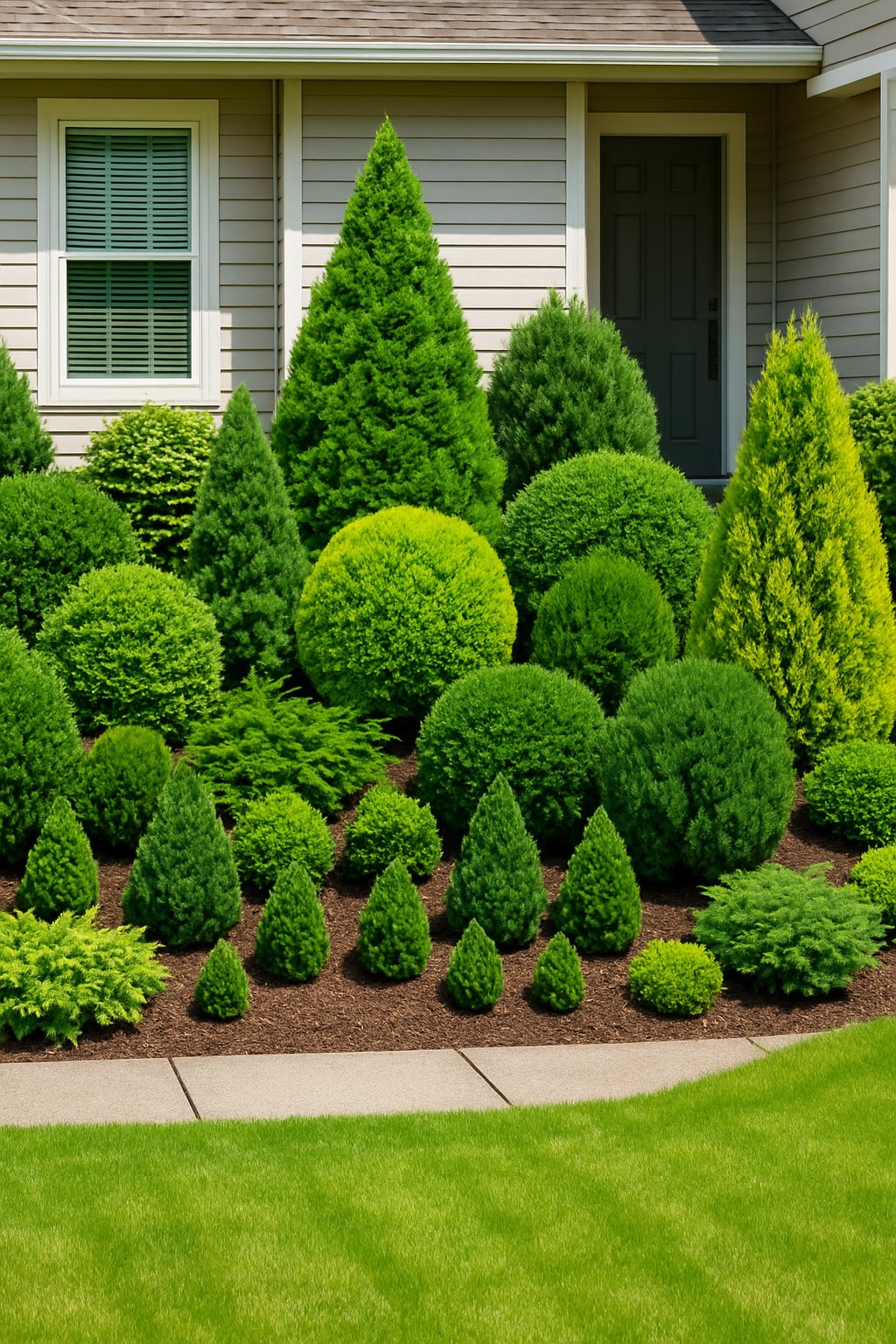 A small front yard landscaped with 23 evergreen plants, showing lush green shrubs and trees in front of a house.
