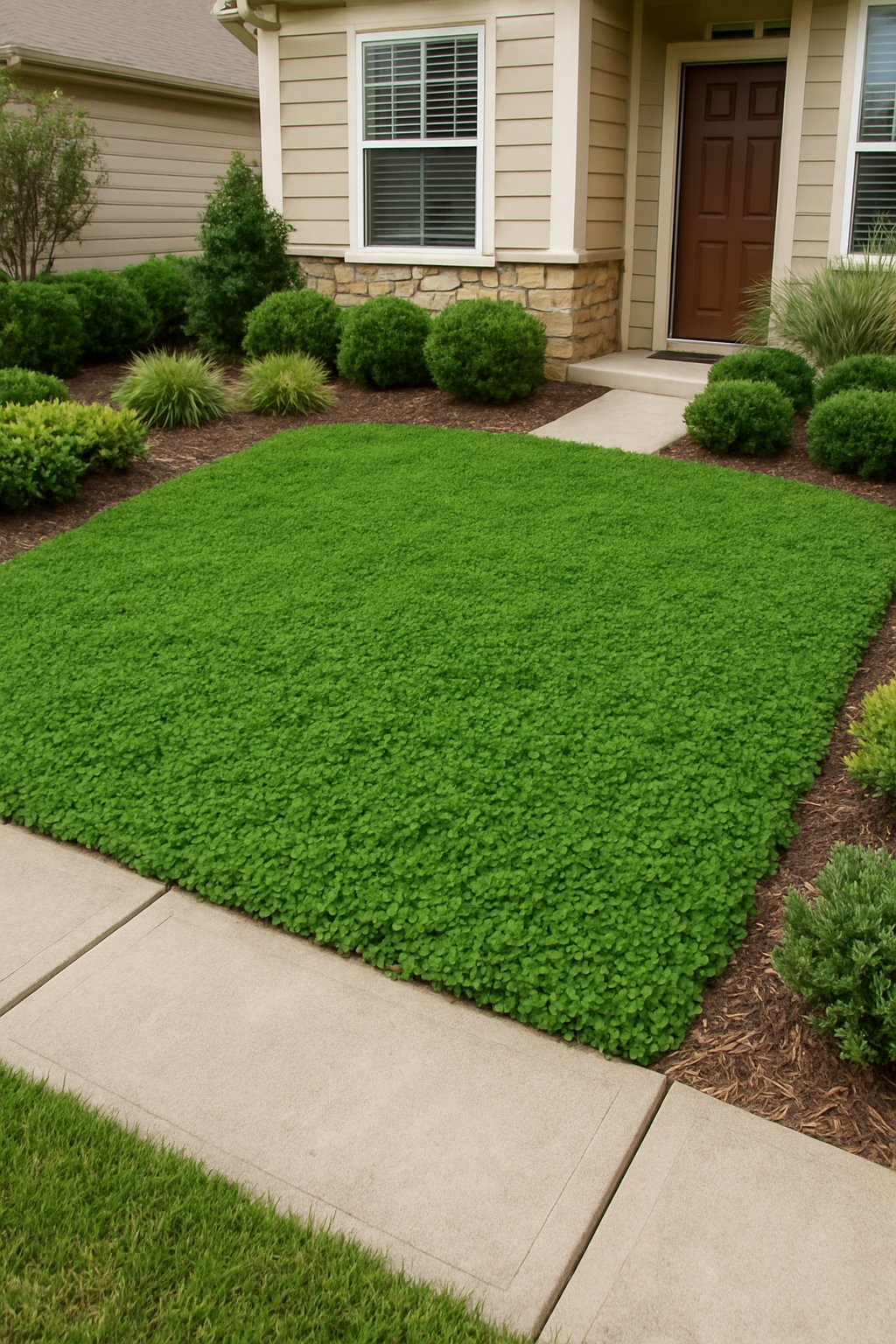 Small front yard with a mini lawn covered in green clover and surrounded by small shrubs and plants.