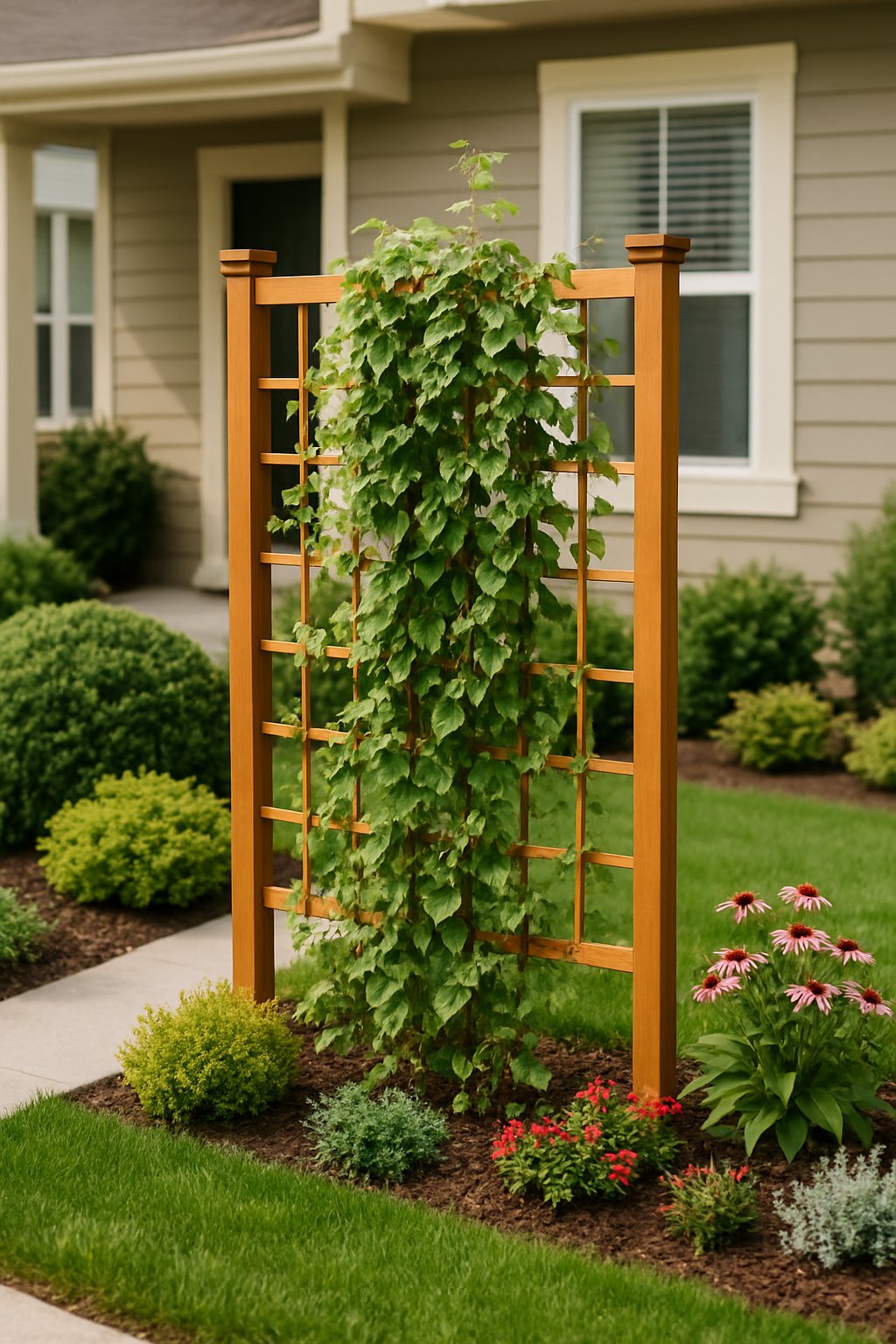 Small front yard with a wooden trellis covered in climbing vines, surrounded by shrubs and flowers.