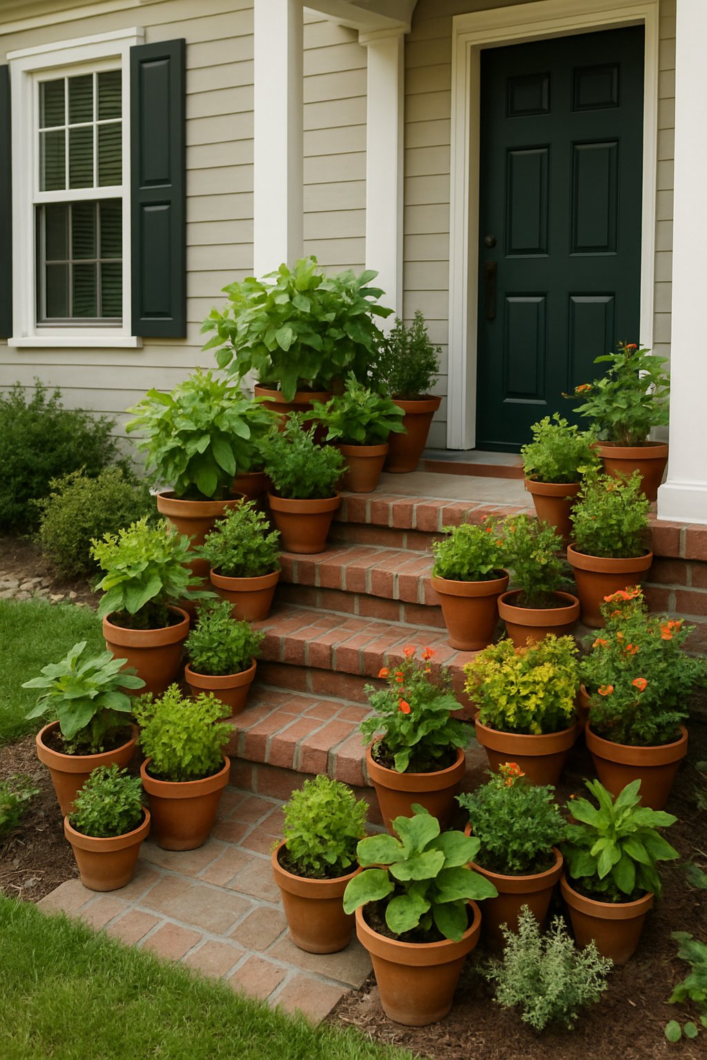 A small front yard with steps and a porch decorated with numerous potted plants arranged in layers, creating a lush green display.