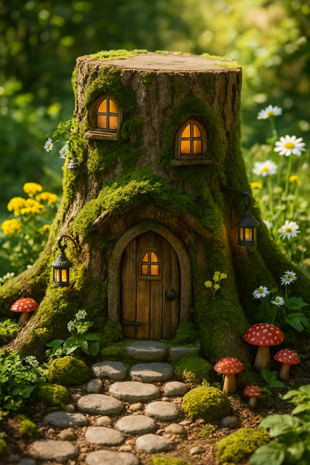 A large tree stump in a garden is decorated as a fairy house with small windows, a door, moss, flowers, and mushrooms around it.